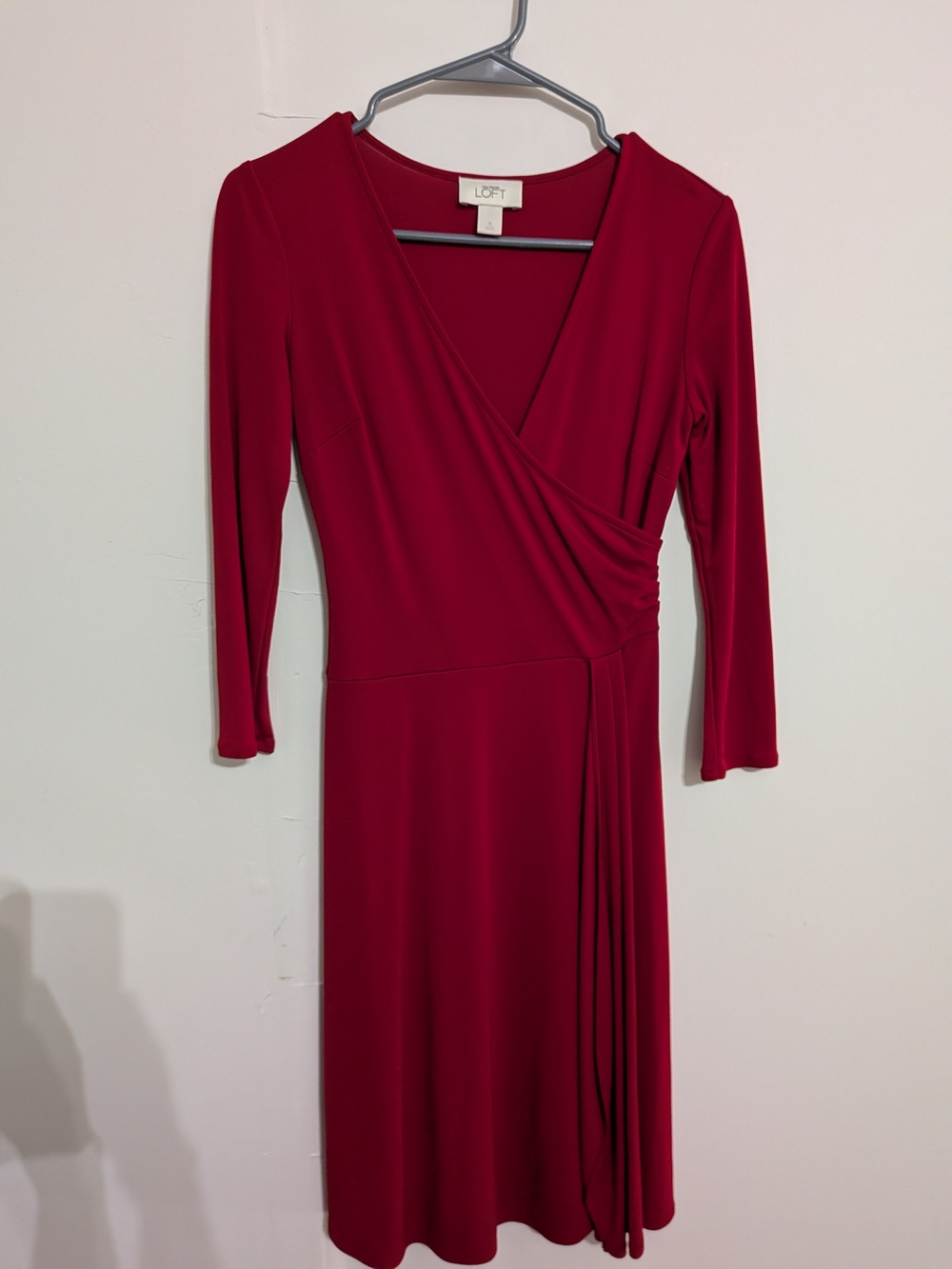 LOFT Red Faux-Wrap V-Neck Long Sleeve Dress